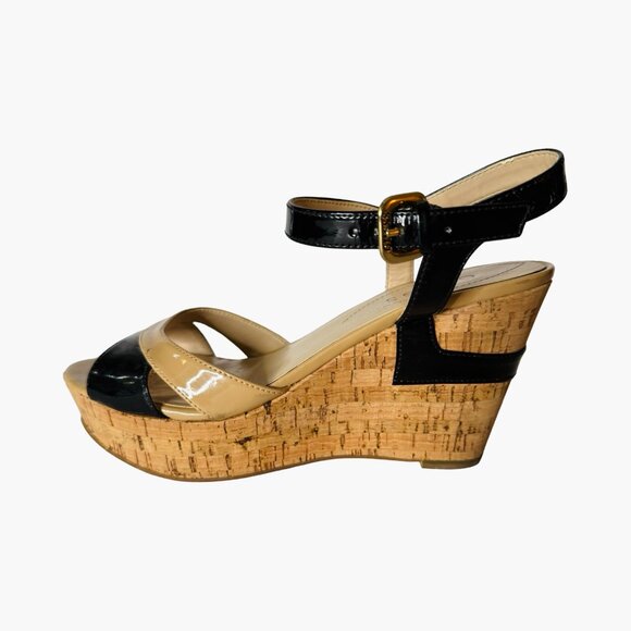 GUESS Cork Wedge Strappy Heels Black/Nude 7.5M - Picture 4 of 12